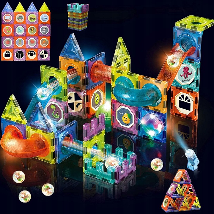 Klocki Magnetyczne Święcący Tor Kulkowy 75 Elementów Kulodrom Zestaw