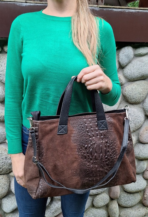 CZEKOLADOWA Zamszowa Torebka Włoska Kuferek SKÓRA NATURALNA Vera Pelle