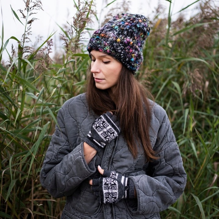 Czapka zimowa damska Multicolor - boucle, gruba, beanie Czarny