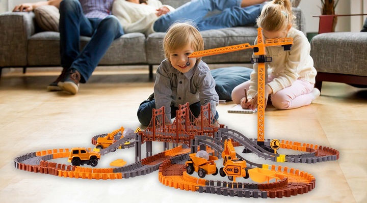 KOLEJKA TOR SAMOCHODOWY ELASTYCZNY 273 ELEMENTY AUTA DŹWIG DLA DZIECI