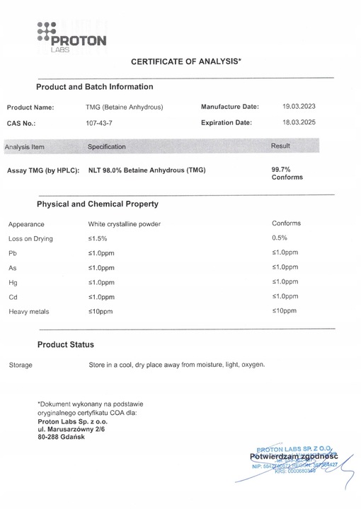 PROTON LABS TMG 50g Betaina bezwodna Czysty Proszek 99,7%+