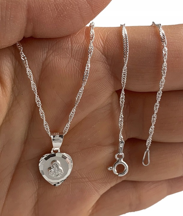 Srebrny łańcuszek i medalik komunijny z grawerem Matka Boska 45 cm prezent