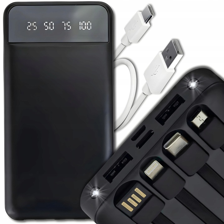 Powerbank 10000 mAh POWER BANK z latarką microUSB, USB-C, USB, lightning