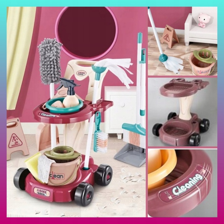 Duży DZIECIĘCY ZESTAW DO SPRZĄTANIA Wózek Mop Miotła Dla dzieci