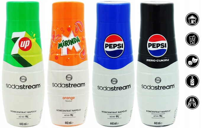 4x SYROP KONCENTRAT SODASTREAM 7UP MIRINDA PEPSI / MAX 9L NAPOJU z 440ml