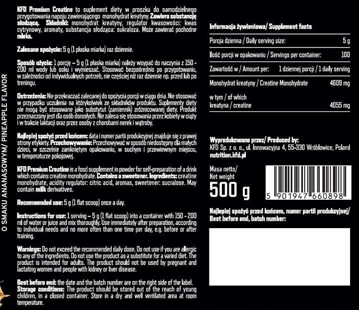 KFD PREMIUM CREATINE 500 G KREATYNA MONOHYDRAT ANANAS
