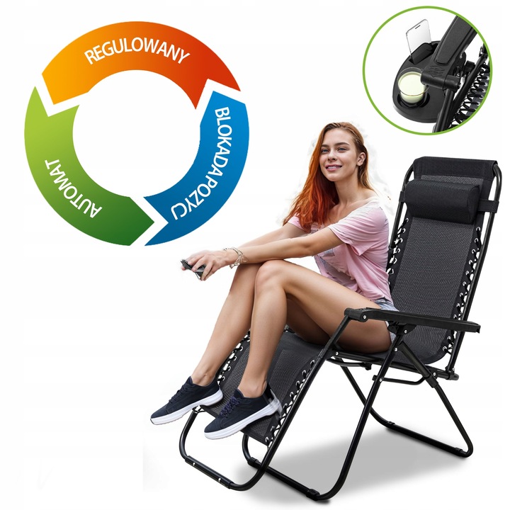 Leżak Ogrodowy WZMACNIANY ZERO GRAVITY metal czarny składany GRATIS PÓŁKA!