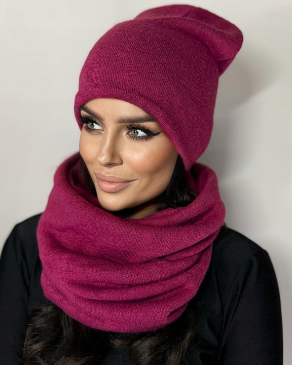 POLSKI KOMPLET DAMSKI KOBIECY ZIMOWY CZAPKA KOMIN DUŻY CIEPŁY JAGODOWY 2468