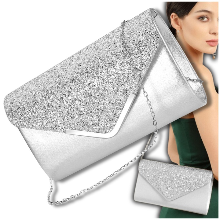 Srebrna Torebka Kopertówka Błyszcząca Wizytowa Damska portfel łańcuszek