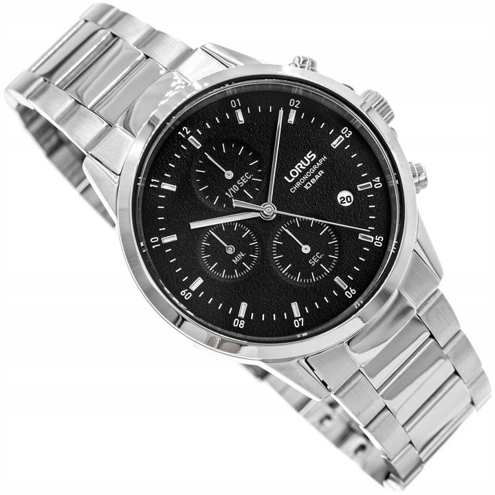 MĘSKI ZEGAREK LORUS RM365HX9 SREBRNY NA BRANSOLECIE CHRONOGRAF DATA 100M