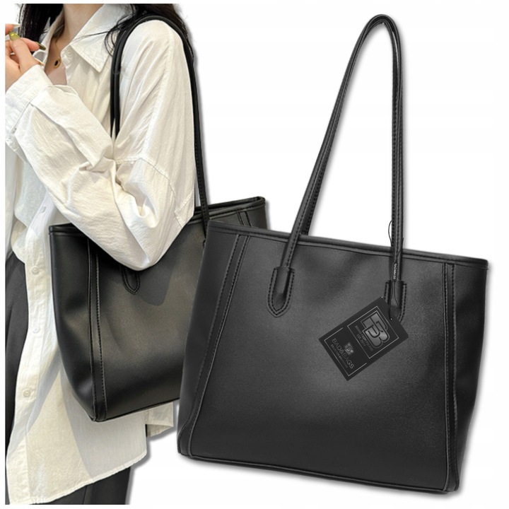 Torebka Skórzana Damska Czarna BAD&BAGS Na Ramię Torba Pojemna Shopperka