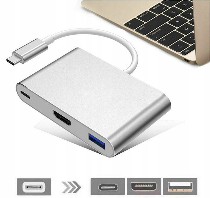 Adapter Przejściówka HUB 3w1 MHL HUB USB C HDMI 4K do MacBook Samsung