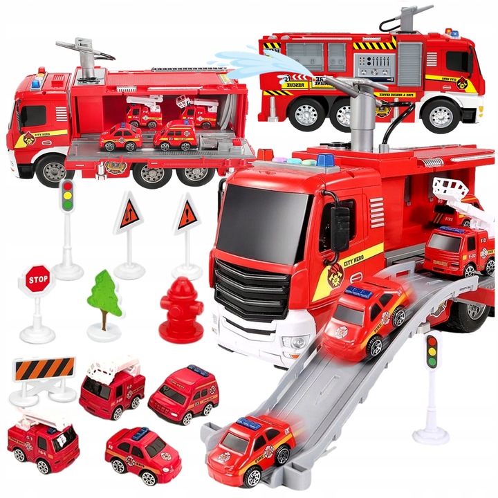 DUŻY WÓZ STRAŻACKI NA WODĘ STRAŻ POŻARNA zjeżdżalnia 4 auta ŚWIATŁO DŻWIĘK
