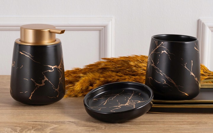 Komplet łazienkowy Sally Black Gold zestaw 3 el dozownik mydelniczka GLAM