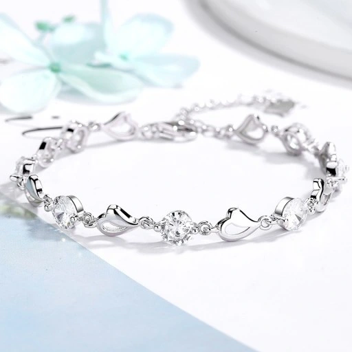 Bransoletka Damska Srebrna Łańcuszki Serduszka Heart Kryształki Na Prezent