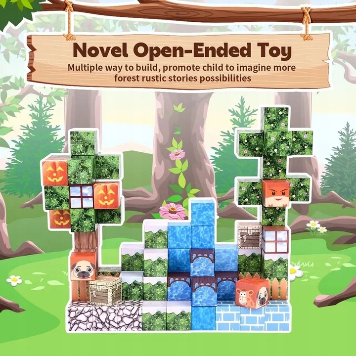 KLOCKI MAGNETYCZNE 3D LEŚNY ZAMEK BLOKI BUDYNKI ROŚLINY 100 ELEMENTÓW