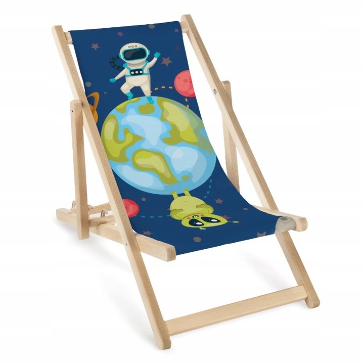LEŻAK DZIECIĘCY DREWNIANY z Nadrukiem ASTRONAUTA KOSMOS Regulowane Oparcie