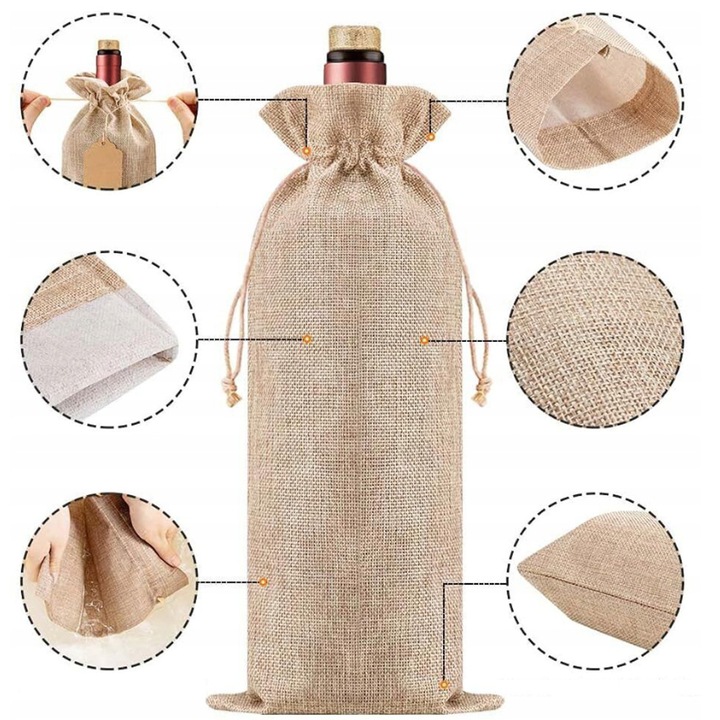 12X WORKI JUTOWE TOREBKI NA WINO POKROWCE NA BUTELKI WINA ZE SZNURKAMI TAGI