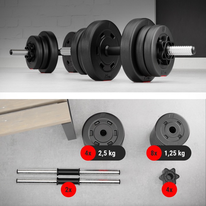 HANTLE KOMPOZYTOWE ZESTAW HANTLI 2x10KG REGULOWANE BITUMICZNE SZTANGA GRYF