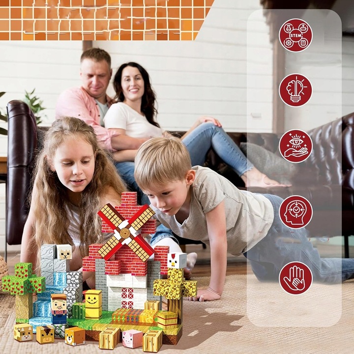 KLOCKI MAGNETYCZNE KLOCKI SZEŚCIANY FARMA 150 KLOCKÓW PIKSELE DLA DZIECI