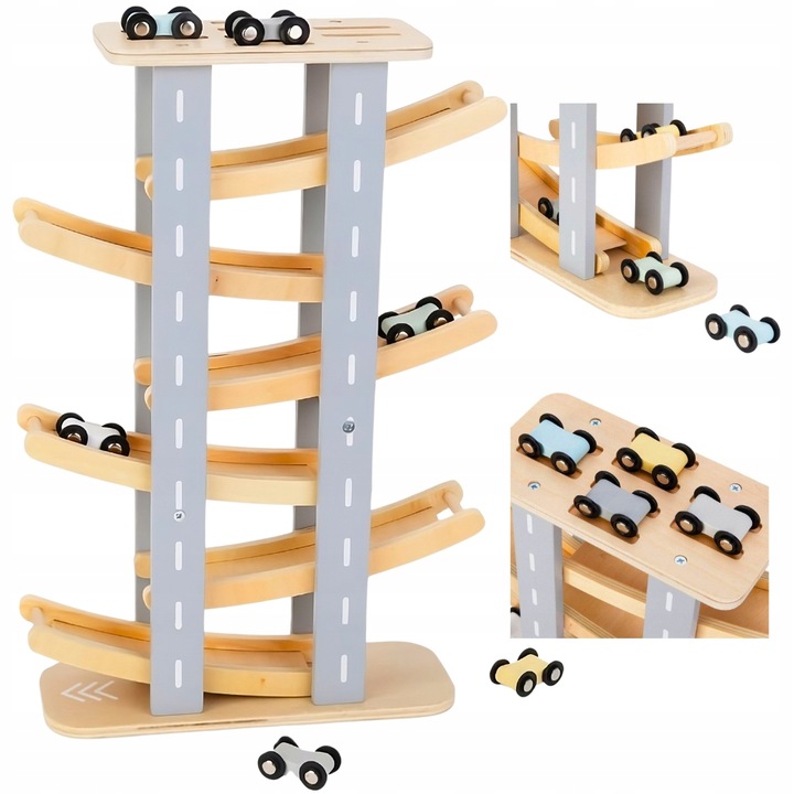 MAMABRUM Drewniany Tor Zjeżdżalnia Dla Samochodów 6 Pięter + 6 Autek