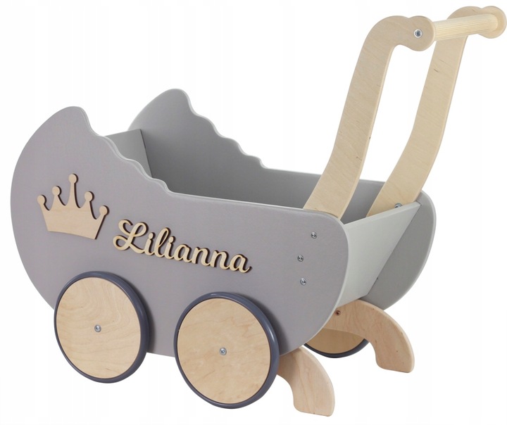 drewniany WÓZEK DLA LALEK + IMIĘ POŚCIEL stopery