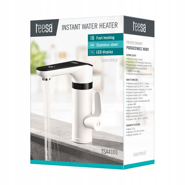 Przepływowy podgrzewacz wody kran Teesa bateria stojąca wyświetlacz LED