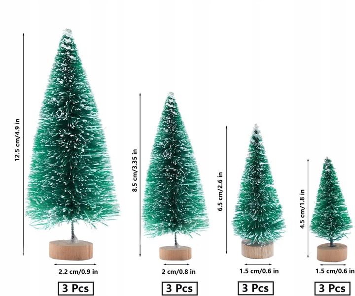 12 MINIATUROWYCH ZIELONYCH CHOINEK Z Efektem Śniegu Zestaw Do Dekoracji