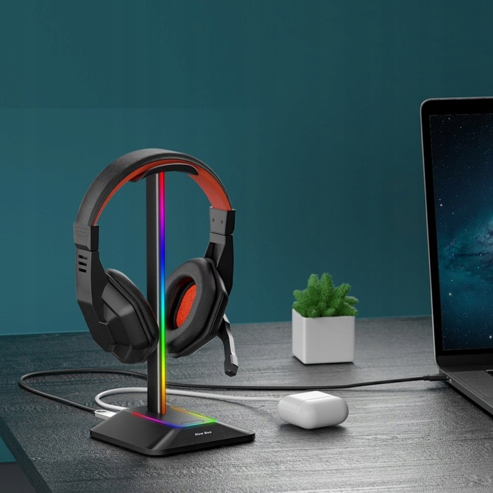 STOJAK STATYW NA SŁUCHAWKI NEW BEE GAMINGOWY PODŚWIETLENIE RGB LED HUB USB