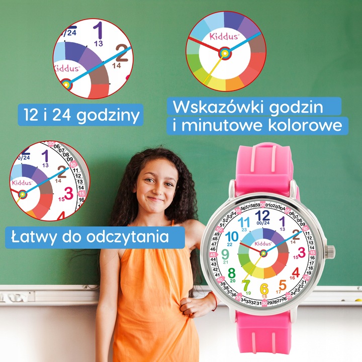 Zegarek dla dzieci, edukacyjny, różowy, analogowy, do nauki czasu