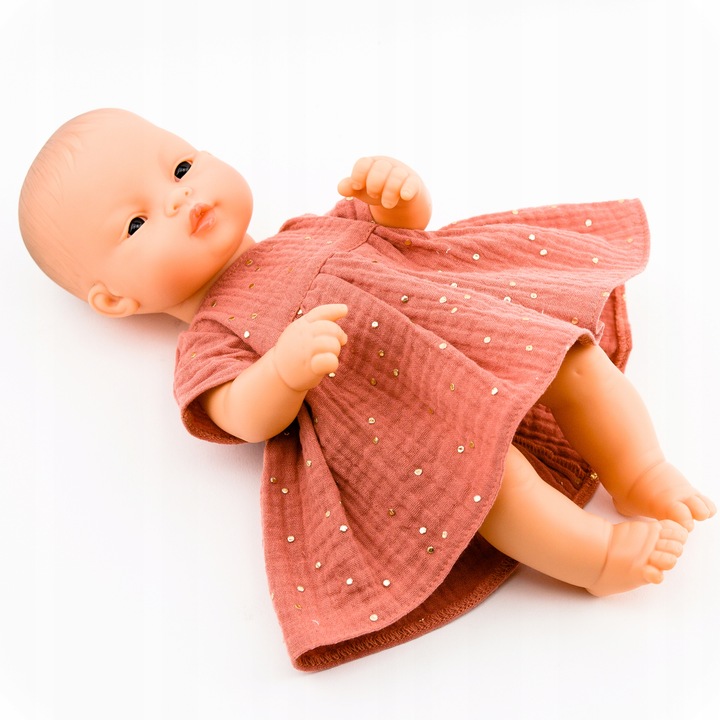 Sukienka dla lalki Miniland 32cm marsala złote kropki