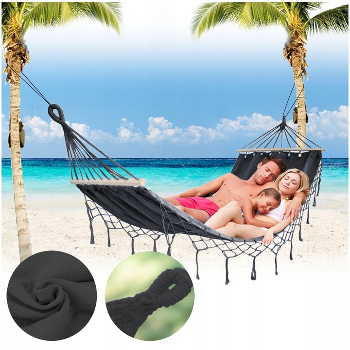 HAMAK OGRODOWY BOHO MAKRAMOWY DRĄŻEK PAŁĄK JEDNOOSOBOWY POKROWIEC GRAFIT