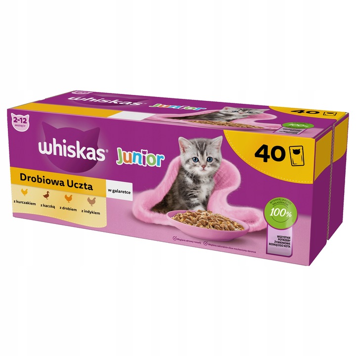WHISKAS Junior Drobiowa Uczta 40x85g - mokra karma dla kociąt, w galaretce