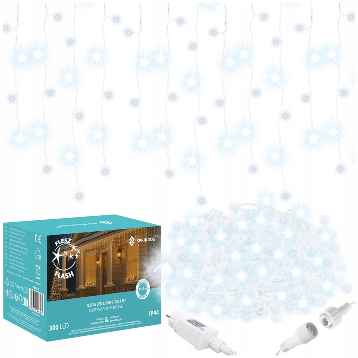 LAMPKI SOPLE CHOINKOWE 300LED KURTYNA ŚWIETLNA FLASH LED ZEWNĘTRZNY TIMER