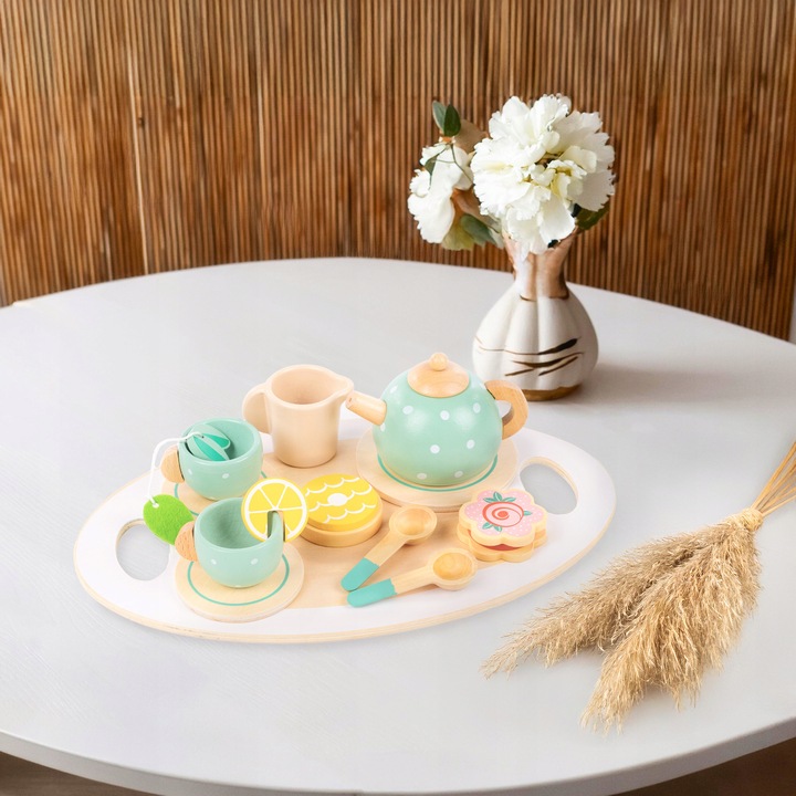 DREWNINAY ZESTAW DO HERBATY DLA DZIECI KINDERPLAY AKCESORIA + TACA
