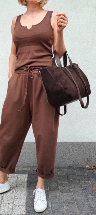 Torebka shopper zamszowa Vera Pelle skóra czekoladowa