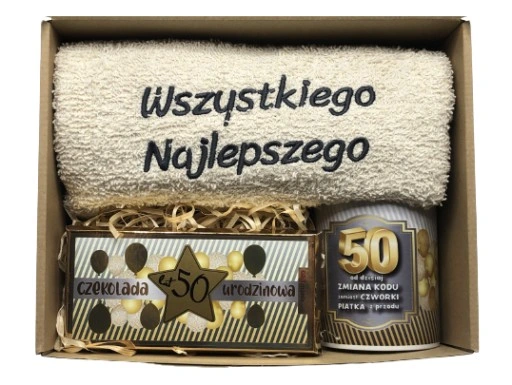 PREZENT NA URODZINY 18-70 Zestaw Kosz Prezentowy Ręcznik Kubek Czekolada