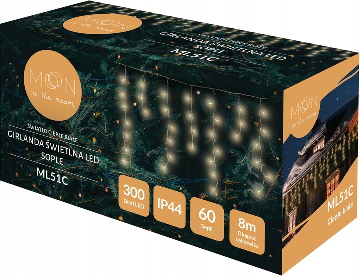 LAMPKI CHOINKOWE ŚWIĄTECZNE SOPLE Z EFEKTEM FLASH ZEWNĘTRZNE 8M 300 LED