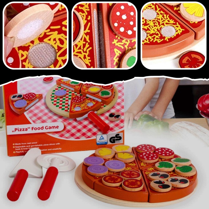 DREWNIANA PIZZA DO KROJENIA UKŁADANKA NA RZEP RZEPY AKCESORIA NÓŻ