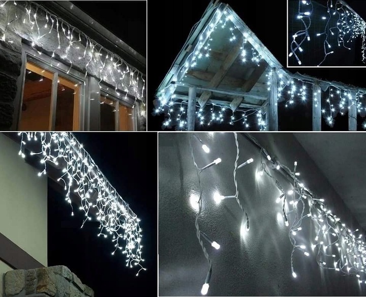 LAMPKI ZEWNĘTRZNE ŚWIĄTECZNE SOPLE 300 LED BIAŁE ZIMNE STAŁE + FLASH 12m