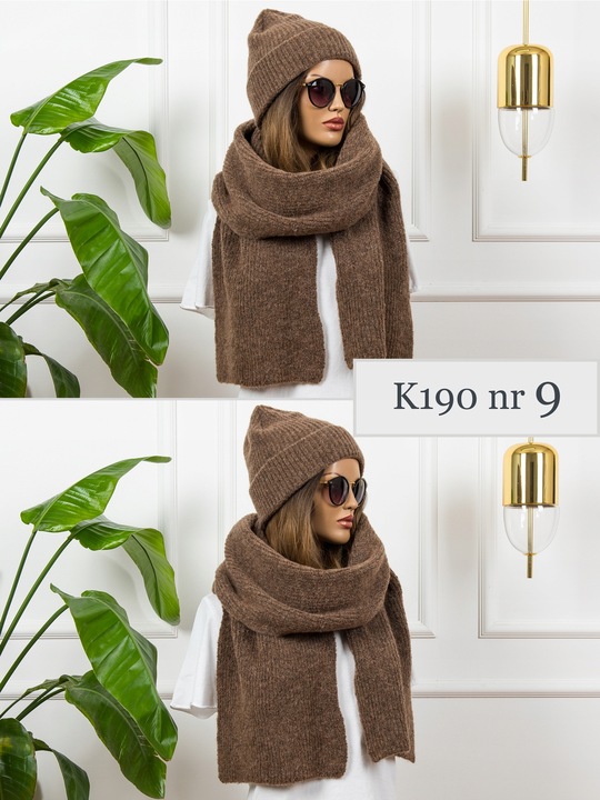 KOMPLET damski CZAPKA + duży SZALIK prążkowany ciepły szal zimowy POLSKI