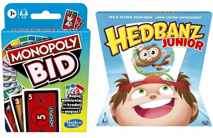 2w1 MONOPOLY BID HASBRO gra planszowa karciana + HEDBANZ JUNIOR Classic PL