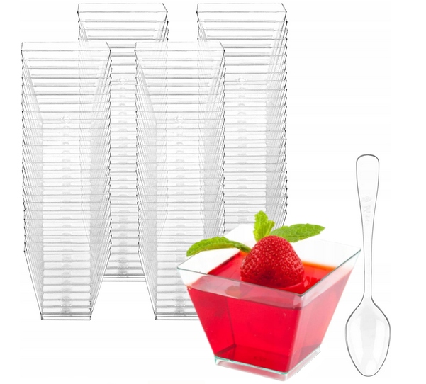 50XPucharki PIRAMIDA 60ml+łyżeczki 50szt NA PRZEKĄSKI POJEMNIKI NA DESERY