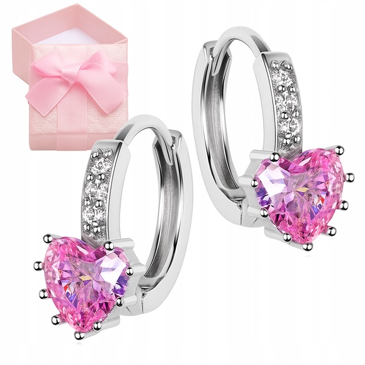 SREBRNE KOLCZYKI DLA DZIEWCZYNKI KÓŁKA SERCE RÓŻOWE 925 PREZENT ZATRZASK