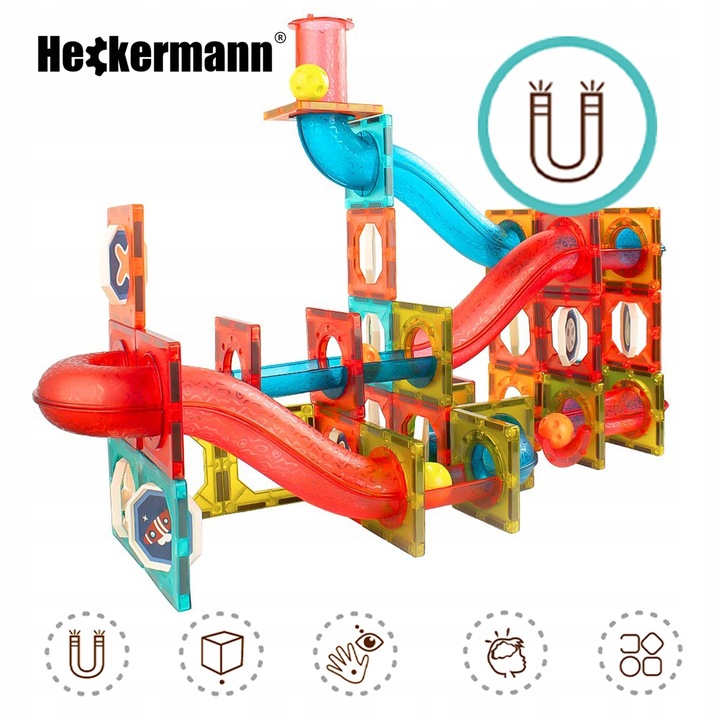 KLOCKI MAGNETYCZNE EDUKACYJNE DUŻE PŁYTKI TOR KULKOWY ZESTAW 76 ELEMENTÓW