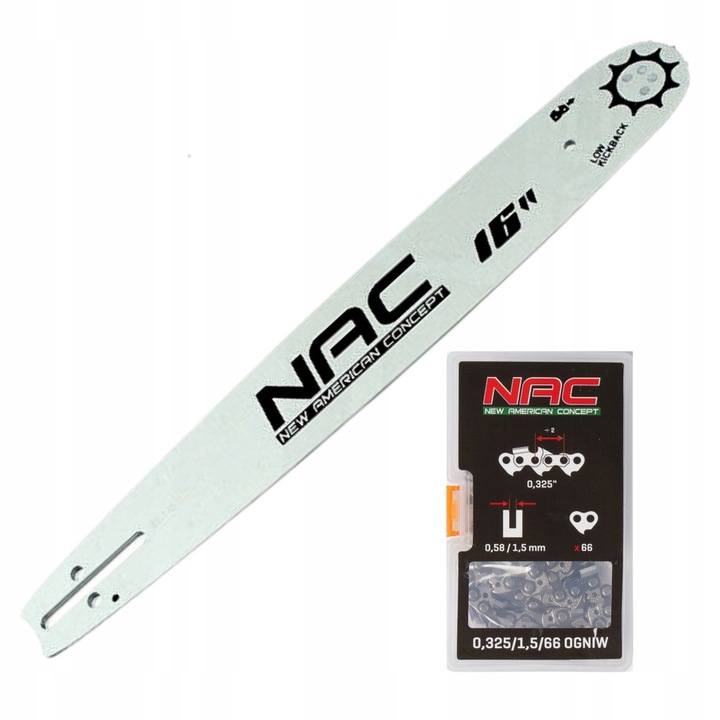 Prowadnica do piły spalinowej 1x łańcuch 0,325” 16" 40cm 66zp ORYGINAŁ NAC