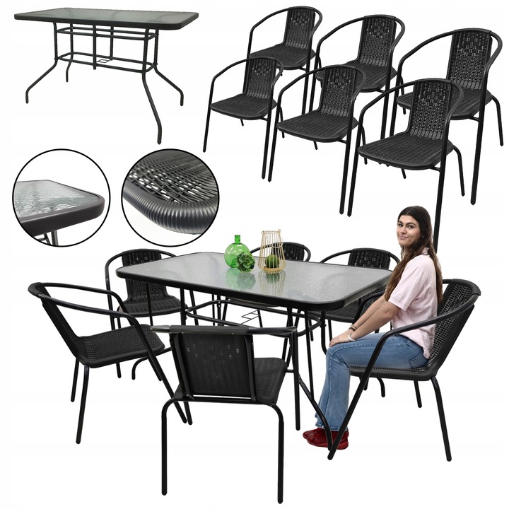 ZESTAW MEBLI OGRODOWYCH NA TARAS STÓŁ 120x70 +6x KRZESŁA LORETTO CZARNY MIX