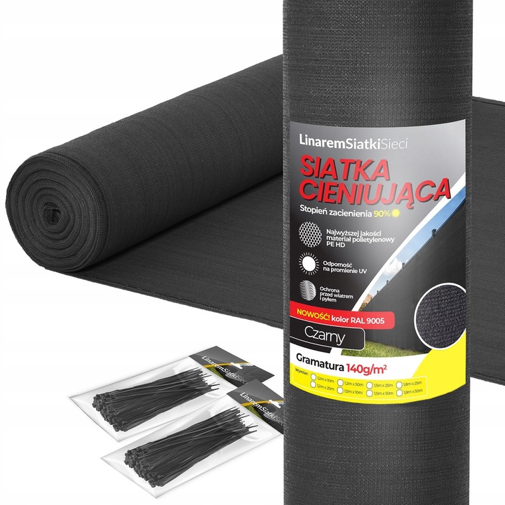 SIATKA CIENIUJĄCA 1,5x50m CZARNA 90% MASKUJĄCA OSŁONA NA OGRODZENIE PŁOT UV
