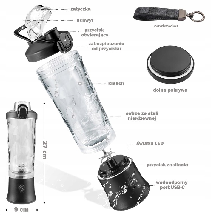 BEZPRZEWODOWY PRZENOŚNY BLENDER TURYSTYCZNY 600ML do Smoothie do Koktajli