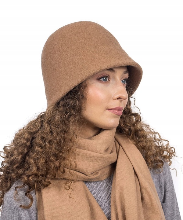 Camelowy Kapelusz Bucket Czapka Damski Wełniany Elegancki Gładki